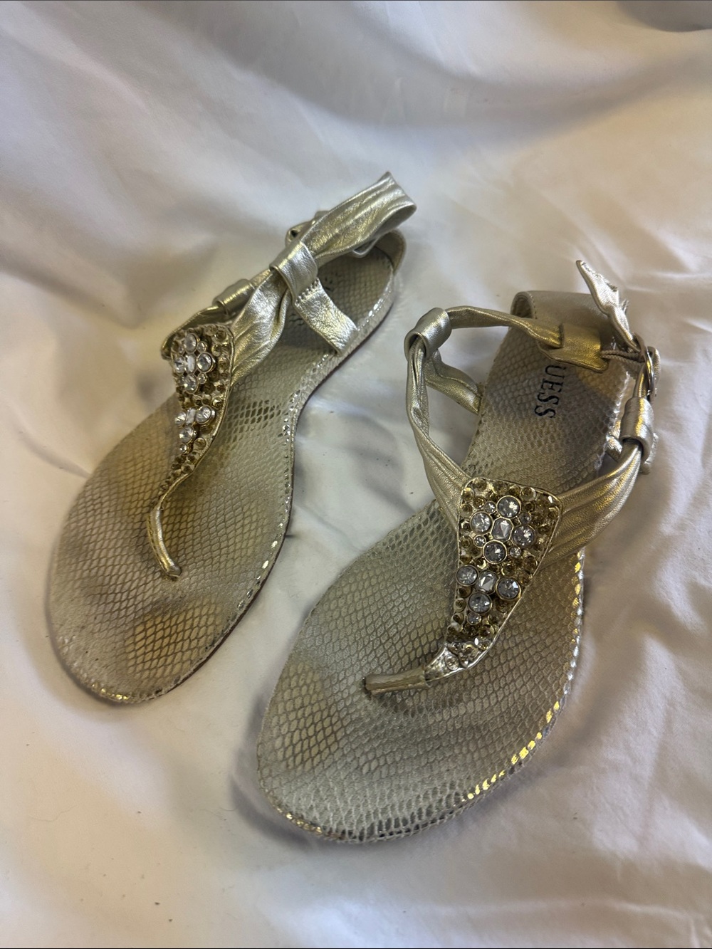Guess Metallic Gold Jeweled T-Strap Sandals